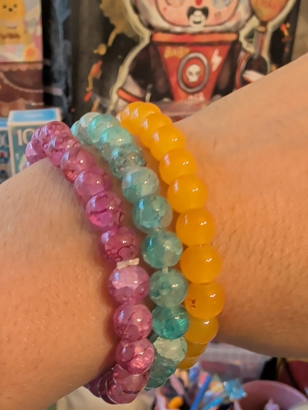 3 Multicolor Beaded Stretch Bracelet Trio - Pink, Aqua & Yellow